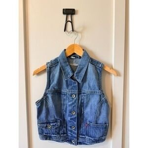 Levis Womens Denim Trucker Vest Medium Wash Cropped Pleated Sleeveless Jacket S